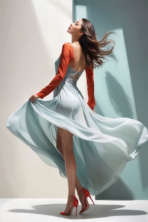 (Masterpiece, Top Quality, Best Quality, Concept Art, Beauty & Aesthetics: 1.2), hdr, high contrast, A stunning minimalist painting depicting a young stylish woman, possibly a dancer or a fashional model, in a dynamic and elegant pose. Her long  flowing hair cascades down her back, and she wears a voluminous, tangled dress that billows behind her, creating a sense of motion. Her left leg is extended forward, and she dons strappy heels. The color palette is predominantly muted, allowing the viewer to focus on the figure's grace and beauty. The background is simple white and minimalistic, adding to the overall impact of the artwork.