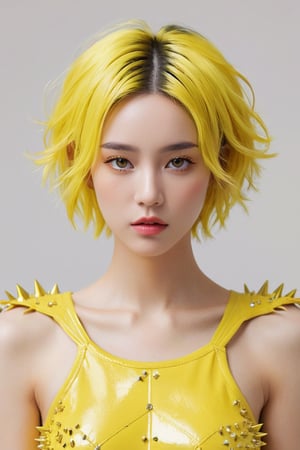 A striking photo of an alluring pretty woman. A striking portrait of a modern and fantasy-inspired fashionista, featuring a beautiful young woman with a trendy, super short, and wavy hairstyle. Her fierce look is enhanced by a few unruly spiky strands, and she wears a bright yellow outfit adorned with shimmering diamond-like accents. The glitch-like style and vibrant colors evoke a Matrix-inspired vibe, with the striking impasto technique adding depth and texture to the image. The 3D render presentation adds to the conceptual and futuristic feel of the artwork, photo, conceptual art, fantasy, fashion, ,hubggirl,xxmix_girl