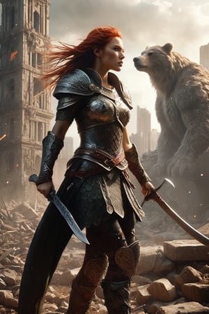((masterpiece)), ((best quality)), (((photo Realistic))), (seductive:1.3), Epic live-action movie still. A breathtaking high-resolution full body portrait of a powerful Viking female warrior, a titan amidst the ruins of a fallen city. The dynamic low-angle view focuses on the glowing colossal battle-axe breaking the screen of the viewer. The remnants of skyscrapers surround her, a somber reminder of the battles she has fought and won. Her armor, a stunning combination of blackened steel and scarlet accents, clings to her muscular form like a second skin, each plate a symbol of her unyielding strength. Her gauntlets, adorned with razor-sharp claws, bear the stains of past victories. Her fiery red hair dances wildly in the relentless wind, framing her weathered and determined face, where her blazing green eyes burn with an unquenchable fire. In her grasp, she holds a colossal battle-axe, its gleaming blade radiating a deadly light. ,glitter