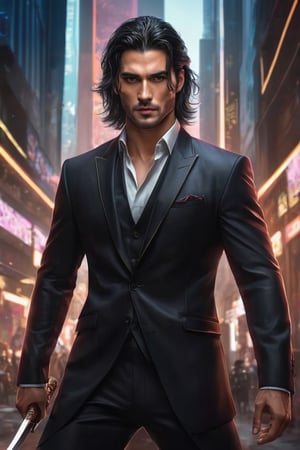 ((masterpiece)), ((best quality)), (((photo Realistic))), (portrait photo), (8k, RAW photo, best quality, masterpiece:1.2), (realistic, photo-realistic:1.3). A striking 8k portrait of a gorgeous handsome man in a black suit, showcasing his toned body and long, dark hair. He has dark, intense eyes and is clean-shaven, with no beard. The man wields a long gleaming katana at dynamic jumping action pose and is adorned in intricate, maximalist attire. The background is a blend of dark and light tones, with a nod to anime-inspired elements. This stunning artwork is trending on ArtStation and is a masterpiece by the talented artist, Artgerm.