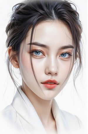 Realistic Black and white delicate upper body sketch of a beautiful Korean woman, white minimalist room background setting, highlighting the contrast between the monochrome face and only colored on symmetric blue eyes and pink-red lips, the lighting is soft and diffused, casting gentle shadows that sculpt her features and the textures of her attire. Perfect face, simetrical face, simetrical eyes, insanely detailed, 