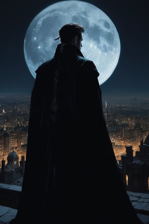 A mysterious male assassin, his half-lower face concealed by a translucent black veil. His dark attire is intricately detailed decrated with gleam patterns, featuring a high-collared coat and ornate gloves, with stockings that add to his enigmatic allure. Outer glow around the protagonist to distinguish him from the background. mute the background to distinguish it from the protagonist. Perched on a gargoyle, he gazes out over a cityscape of towering, gothic buildings silhouetted against a moonlit sky. A meticulously detailed, hyper-realist illustration in the style of Norman Rockwell, Jeremy Mann, Dungeons & Dragons, Moebius,and Steve Hanks