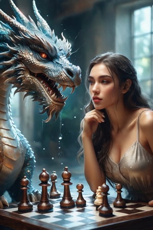 ((masterpiece)), ((best quality)), (((photo Realistic))), expressionism, realism with overdrive, a pretty girl playing chess with the huge magical dragon, artistic water drops, dynamic pose, tenderness, full-color palette, octane rendering, soft natural volumetric light, bioluminescence atmospheric, sharp focus, centered composition, professional photography, complex background, soft haze, masterpiece. animalistic, beautiful, fine details, 16k, concept art