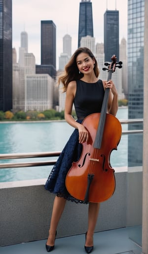 A cinematic medium shot captures a graceful beautiful amorphous smooth skin complexion Sultry female elegantly holding a cello on the ground. She stands near a Chicago hotel balcony, smiling, the background framing a captivating Chicago cityscape skyline of buildings in various shades of black, white, grey, and indigo. The young woman wearing a sultry fashionable Red lace short skirt, cinematic elements, adding depth and dimension. The atmosphere exudes elegance and sophistication, creating a harmonious blend of artistry and fashional style.