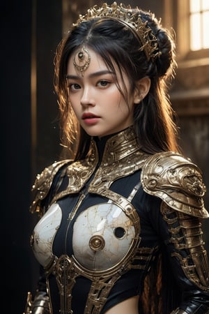 (8k, RAW photo, best quality, masterpiece:1.2), (realistic, photo-realistic:1.3). Renaissance princess with cyberpunk elements, full body stance combines historical and futuristic aesthetics, costume merges line art elegance with watercolor vibrancy, dominant black and gold colors, inspired by Carne Griffiths, Vadim Kashim, Carl Larsson, Greg Rutkowski's intricate detail, Artgerm's stylish touch, evoking H.R. Giger's ominous ambiance, Beksinski's complex design, wide shot composition, crisp focus, seamless transition between hues, digital painting, ultra-realistic