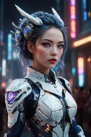 ((masterpiece)), ((best quality)), (((photo Realistic))), (portrait photo), (8k, RAW photo, best quality, masterpiece:1.2), (realistic, photo-realistic:1.3). A stunning 4K high-quality photo of a beautiful woman wearing a white mecha adorned with dazzling lights. Her face, with a captivating gaze, is perfectly enhanced with blue-toned makeup, including dark blue eyeliner, red lip gloss, and a delicate hairpin. Her dark blue hair is a blend of silver, violet, and blue hues, with a gradient effect. The background showcases a complex setting with dark blue flowers and intricate clothing, all against a backdrop of a godly landscape. The atmosphere is filled with a sense of wonder, as the woman's outfit billows in the wind. This photograph truly captures the essence of fashion and artistic beauty.,glowneon,mad-cyberspace,mecha\(hubggirl)\,Mecha
