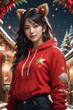 full body:1.2, ((masterpiece)), ((best quality)), (((photo Realistic))), A stunning, innovative anime-style rendering of a young alluring woman exuding playful energy, with a radiant smile that lights up her face. She has long, cascading black hair with blonde highlights, and wears a stylish red hoodie emblazoned with "Nhayla U Alim." A pearl-adorned bow atop her head adds a touch of elegance. The festive Christmas setting is filled with gifts and joyful decorations, creating a whimsical atmosphere. Her outfit fuses fashion and nature, standing out against the vibrant backdrop. The artwork, boasting a cinematic, poster-like quality, showcases exceptional typography and exemplifies contemporary fashion design. This photographic masterpiece, a fusion of photography, illustration, painting, and anime, captivates viewers with its multi-dimensional, immersive experience. It is a perfect representation of modern artistry, 