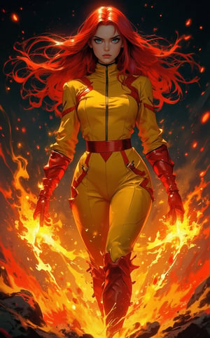 A full shot of a striking female character from a cyberpunk video game setting, radiating futuristic and edgy vibes. In the style of a Marvel comic, A young woman with spreading red fiery hair and blue eyes, she is wearing a yellow, one-piece jumpsuit, covering her up to the neck. She wore red gloves and boots, flaired at the ends with a jagged layer of orange, resembling flame. She is surrounded by flames and sparkles, creating an intense and fiery atmosphere. The flames around her dance wildly, illuminating her determined expression as she stands in control of the destructive energy. the powerful blaze enveloping the scene. The background could be a dark urban setting or a barren landscape, adding to the dramatic and powerful effect,by Jim Lee, fantasy art, fantasy concept art, epic fantasy card game, full art illustration 