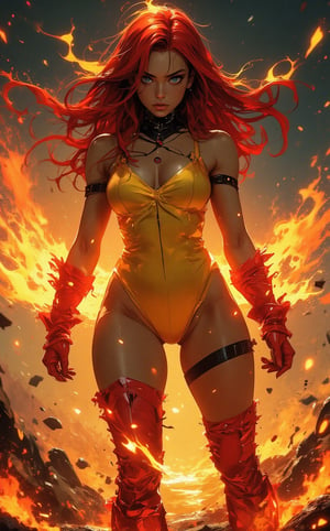 A full shot of a striking female character from a cyberpunk video game setting, radiating futuristic and edgy vibes. In the style of a Marvel comic, A young woman with spreading red fiery hair and blue eyes, she is wearing a yellow, one-piece sling swimsuit, sexy bold design clothing. She wears red gloves and boots, flaired at the ends with a jagged layer of orange, resembling flame. She is surrounded by flames and sparkles, creating an intense and fiery atmosphere. The flames around her dance wildly, illuminating her determined expression as she stands in control of the destructive energy. the powerful blaze enveloping the scene. The background is in a barren landscape, adding to the dramatic and powerful effect, by Jim Lee, fantasy art, fantasy concept art, epic fantasy movie, 