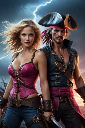 A stunning, high-definition photo featuring a beautiful young woman, a dynamic action curvy figure. A captivating dual illustration that showcases the contrasting natures of two pirate characters. On the left, a fierce female pirate clad in a dark tank top, sporting red eyes and a menacing grin, is surrounded by a chaotic storm. Lightning bolts crackle around her, signifying her connection to the tempest. Simultaneously, on the right, a cheerful blonde pirate dressed in a vibrant hot pink dress and adorned with a captain's hat, flaunts her blue eyes and infectious smile against a serene blue backdrop. The cinematic, conceptual art piece beautifully highlights the duality of the blonde pirate's character, with the lightning connecting these two contrasting elements, illustrating the internal struggle between her cheerful exterior and the darker, stormy side within., cinematic, illustration, conceptual art,Movie Still