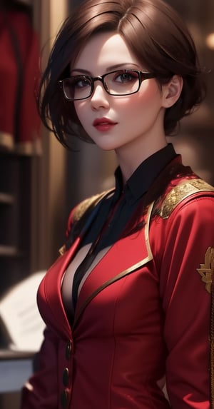 A stunning digital illustration of the Russian streamer Etobogema, dressed as Ada Wong from Resident Evil. She has dark brown hair, brown eyes, and glasses, with a mysterious and alluring expression. Etobogema wears a red dress with a plunging neckline and a matching red blazer, exuding confidence and style. The background is dimly lit, creating a suspenseful atmosphere, while the focus remains on the captivating character.,Detail,masterpiece,1 girl
