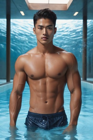 ultra-photorealistic, surreal, (masterpiece). A realistic photo of an attractive tan Korean-Latino fit muscles man, with thick beautiful dark eyebrows, strong facial, he has a short fade haircut, light grey eyes, an adorable man at its center, exiting a magical pool of crystal waters with blue fluorescent liquids. He is wearing tight swimming briefs. Six pack muscles, six-pack strong abs. The image reads a dark and intriguing scene. Sanskrit runes are flowing in the air glowing. Sanskrit scripture tattoos. Short hair, textured wet skin.