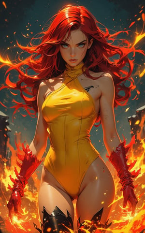 A full shot of a striking female character from a cyberpunk video game setting, radiating futuristic and edgy vibes. In the style of a Marvel comic, A young woman with spreading red fiery hair and blue eyes, she is wearing a yellow, one-piece sling swimsuit, sexy bold design clothing. She wears red gloves and boots, flaired at the ends with a jagged layer of orange, resembling flame. She is surrounded by flames and sparkles, creating an intense and fiery atmosphere. The flames around her dance wildly, illuminating her determined expression as she stands in control of the destructive energy. the powerful blaze enveloping the scene. The background is in a barren landscape, adding to the dramatic and powerful effect, by Jim Lee, fantasy art, fantasy concept art, epic fantasy movie, 