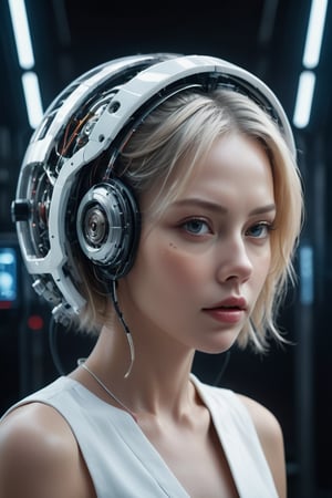 ((masterpiece)), ((best quality)), (((photo Realistic))), (portrait photo), (8k, RAW photo, best quality, masterpiece:1.2), (realistic, photo-realistic:1.3). a Swedish supermodels head with a Wankel rotary engine blended into her skull, portrait, electric hair