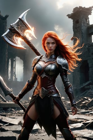 ((masterpiece)), ((best quality)), (((photo Realistic))), (seductive:1.3), Epic live-action movie still. A breathtaking high-resolution full body portrait of a powerful Viking female warrior, a titan amidst the ruins of a fallen city. The dynamic low-angle view focuses on the colossal battle-axe breaking the screen of the viewer. The remnants of skyscrapers surround her, a somber reminder of the battles she has fought and won. Her armor, a stunning combination of blackened steel and scarlet accents, clings to her muscular form like a second skin, each plate a symbol of her unyielding strength. Her gauntlets, adorned with razor-sharp claws, bear the stains of past victories. Her fiery red hair dances wildly in the relentless wind, framing her weathered and determined face, where her blazing green eyes burn with an unquenchable fire. In her grasp, she holds a colossal battle-axe, its gleaming blade radiating a deadly light. ,glitter