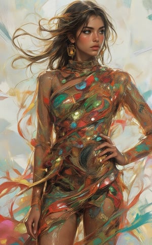 A striking illustration of a young woman wearing an avant-garde dress inspired by Dayak beaded textile motifs from Borneo. The stunning shiny outfit features a modern silhouette that blends and combines traditional elements with contemporary fashion, showcasing bold geometric patterns and vibrant colors drawn from the rich Dayak textile heritage. The outfit consists of a flowing, asymmetrical dress that cascades elegantly, adorned with intricate beadwork and embroidery that reflect the natural motifs of the Dayak culture, such as spirals, birds, and plants. The bodice of the dress is structured and form-fitting, made of a shimmering fabric that captures light and enhances the vibrant colors of the beads. Layers of translucent materials create depth and movement, with cascading details that mimic the flowing patterns found in traditional Dayak textiles. The color palette is rich and diverse, featuring deep reds, lush greens, and electric blues, interspersed with glimmers of metallic gold and silver.