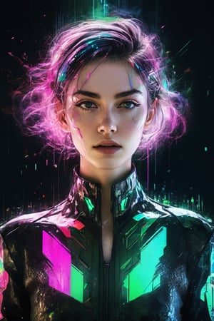 hyperrealistic illustration, best quality, masterpiece digital painting, minimalist movie poster, a cyberpunk female hacker known as "THE GLITCHER," their body perpetually glitching and distorting. The figure's skin is a fragmented mosaic of colors, emitting vivid neon pink and green hues. Surrounding them are floating lines of corrupted code and glitching holograms. Their eyes glow with an unsettling, flickering light. They wear a high-tech suit that is constantly shifting and reforming. In one hand, they hold a glitching data spike, while the other hand seems to dissolve into a swarm of digital particles. The background is a stark white void, emphasizing the chaotic and disturbing nature of this digital entity.