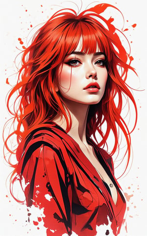 A striking stencil art portrait of a young sexy Asian woman with very long fiery glowing red hair swirling in the wind. She is in a distinctive metallic red dress, featuring a circle pattern and bold stripes. Her intense gaze is directed to the right, lightly downwards, as if contemplating a secret. The stark white background highlights the intricate details of the stencil work, showcasing the artist's skill and precisionm