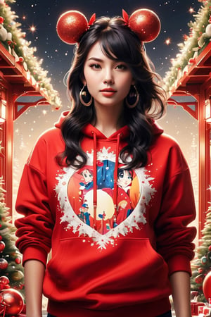 full body:1.2, ((masterpiece)), ((best quality)), (((photo Realistic))), A stunning, innovative anime-style rendering of a young alluring woman exuding playful energy, with a radiant smile that lights up her face. She has long, cascading black hair with blonde highlights, and wears a stylish red hoodie emblazoned with "Nhayla U Alim." A pearl-adorned bow atop her head adds a touch of elegance. The festive Christmas setting is filled with gifts and joyful decorations, creating a whimsical atmosphere. Her outfit fuses fashion and nature, standing out against the vibrant backdrop. The artwork, boasting a cinematic, poster-like quality, showcases exceptional typography and exemplifies contemporary fashion design. This photographic masterpiece, a fusion of photography, illustration, painting, and anime, captivates viewers with its multi-dimensional, immersive experience. It is a perfect representation of modern artistry, ,No keyword