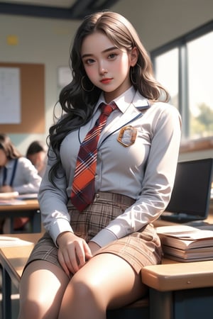 (masterpiece), (best quality),(ultra-detailed),(illustration),(extremely detailed),(perfect anatomy),(super detailed skin),(detailed),(beautiful detailed eyes),1girl,solo,black hair,long hair,long hair,bea3 eyes,big breasts,(plaid skirt),skirt,(school uniform), (white shirt),(brown blazer:1.1),partially unbuttoned,thighhighs, (plaid necktie), curvy, sitting, (knee up:1.1),foot out of frame, eyebrows, sideways glance, light smile, school, classroom