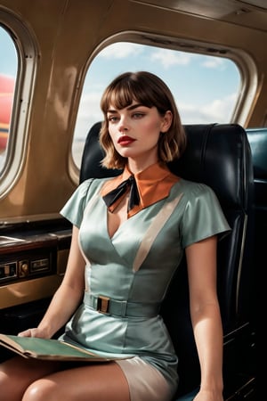 ((masterpiece)), ((best quality)), (((photo Realistic))), (portrait photo), (8k, RAW photo, best quality, masterpiece:1.2), (realistic, photo-realistic:1.3). A captivating, vintage-style photo of a woman with full bangs and a sleek hairstyle, channeling a retrofuturistic vibe. She is wearing a stunning white dress and sitting in the luxury seat of a 1974 airplane. The overall atmosphere of the photo is reminiscent of Nan Goldin's iconic work, with a touch of Margot Robbie's vampire charm. The background features a dreamy, ethereal sky, evoking the elegance of Lady Dimitrescu. A subtle hint of Gwen Stacy's spirit can be felt in the composition. A handsome male flight attendant is talking to her.