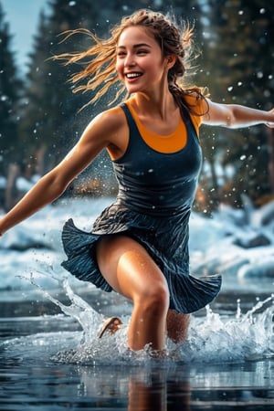 ((masterpiece)), ((best quality)), (((photo Realistic))), (portrait photo), (8k, RAW photo, best quality, masterpiece:1.2), (realistic, photo-realistic:1.3). medium close-up shot of a cheerful beautiful girl, dancing, drkms, on thin Ice, drkms, water-bender, splashed, charybdis, sharp focus, intricate detail, kris kuksi,natural beauty 