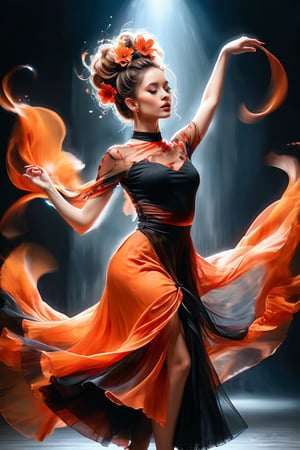 ((masterpiece)), ((best quality)), (((photo Realistic))), (portrait photo), (8k, RAW photo, best quality, masterpiece:1.2), (realistic, photo-realistic:1.3), An artistic portrayal of a woman, seemingly in a dance pose. She wears a vibrant transparent orange and black dress, with the top having a high neckline and the skirt flowing gracefully. Her hair is styled in an elaborate updo adorned with red flowers. The background is abstract, with splashes of orange, black, and white, giving the impression of a dynamic and fiery ambiance.