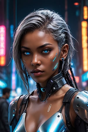 ((masterpiece)), ((best quality)), (((photo Realistic))), (portrait photo), (8k, RAW photo, best quality, masterpiece:1.2), (realistic, photo-realistic:1.3). A striking image of a cyberpunk protagonist, a gorgeous sexy black woman with grey hair and robotic eyes, dressed in a sharp glass suit. Her cybernetic eyes emit a cool blue light that contrasts with the dimly lit, neon-lit cityscape. Hovering vehicles and futuristic architecture fill the background, while a holographic The overall atmosphere is bold, futuristic, and slightly dystopian.,Cyberpunk Doctor,digitalste,Cyberpunk Clothing,cyberpunk