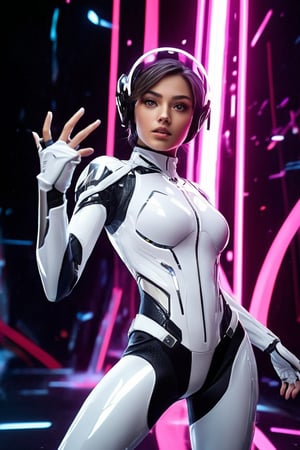 a high-resolution image that captures the essence of a charming character in a futuristic setting. she is wearing white crystal clear white suit and transparent glass helmet. The character is poised energetically, with flowing garments motion. Incorporate a vivid color scheme with pink, and reflective silvers, reminiscent of nightcore aesthetics. Use dramatic backlighting to emulate a neon glow, contrasting with the darker hues of a cosmic backdrop , she is bright , The image should mimic the depth of field and clarity with sharp focus on the character and a blurred background. Add realistic textures to the character's clothing and hair, and include a visible light source in their hands, producing a gleaming, otherworldly effect. Ensure the overall composition resembles a candid snapshot, capturing a spontaneous moment of action in a surreal, sci-fi universe, Her eyes are purple, her entire body, she is making a gesture of reaching out for something above, a leaping pose, she is gazing at something above., GoPro HERO10 Black, Cinestill 800T, cyberpunk, a cinematic scene, 