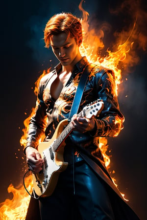 (8k, RAW photo, best quality, masterpiece:1.2), (realistic, photo-realistic:1.3). Human Torch（Marvel Comics) , playing electric guitar , smiling, extremely detailed guitar on fire, man humanoid with fine skin, muscular, whole body covered with a lot of fire spark, chest covered with armor, Albrecht Durer hands, on a stage doing a show, night, rock band in the background, perfect hands, perfect musical instruments, extremely detailed place, extremely detailed clothes, very realistic, low saturation, cool colors, fog, drama, UHD, 16k