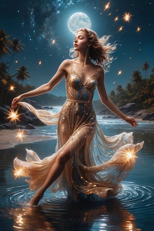 full body, ((masterpiece)), ((best quality)), (((photo Realistic))), A captivating, dreamlike rendition depicting a mesmerizing young woman dancing effortlessly on the water's surface at the ocean's edge. The water, masterfully rendered with a unique blend of glassy and fluid-like textures, creates an enchanting scene. The dancer is attired in a transparent breathtaking, vibrant ensemble that shimmers and glistens under the moon's gentle glow, accentuated by sparkling accessories. She is surrounded by a magical, star-studded night sky alive with glowing fireflies and floating musical notes, adding an extra layer of captivation to the atmosphere. The high dynamic range (HDR) and screen space ambient occlusion (SSAO) techniques employed by the artist contribute to the cinematic, surreal ambiance, transforming this work into a true masterpiece and a striking, painting, poster, conceptual art