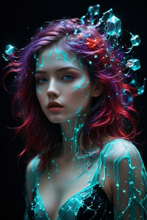 A young alluring woman. A mesmerizing and abstract piece of art where a svelte woman's hair disintegrates and disperses into countless translucent, luminescent cubes of violet, turquoise, and red. The background is a deep, velvety black, emphasizing the vibrant colors of the disintegrating hair. The piece exudes a surreal and ethereal atmosphere, as if the willowy woman's essence is transforming into a dreamlike state.,neon style,glowing-neon-colour-clothing,glowing,mad-cyberspace