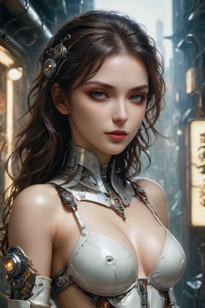 [three-quarter dynamic position::12], (Dylan Kowalski:1.25), [gorgeous face, (long loose spreading brunette wavy hair:1.1), (amazing pale skin:1.2), pastel lighting, mysterious smile, ((looking at the camera)), bright and piercing eyes:9], gorgeous young cyborg girl in sexy hole  white platinum outfit((anatomical:0.7) bellybutton (glossy cybernated body and hands in (Deus Ex Mankind Divided style):0.9)) and (trim and athletic:0.95),, inside a slum alley with (neon signs:0.6), (dramatic neon lighting:0.9), natural glossy, Dark matte, [stunning high-activity unity render::30] Maximally natural hair[superdetail, ((professional photography, hyperphotorealistic, cinematic, natural reflection textures, max natural materials, high-contrast shadows, cinematic lighting, soft lighting)):20], (neon lighting:0.8), [nikon d850 film stock photograph 4 kodak portra 400 camera f1. 6, 150mm, ISO 100, CineStill 800 Tungsten:15],cyberpunk glasses,HZ Steampunk,cyberpunk,cyberpunk style