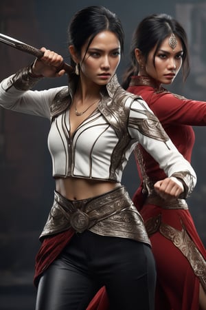 ((masterpiece)), ((best quality)), (((photo Realistic))), Gorgeous, beautiful, handsome, stylish Assassin Couple, back to back, fighting to each other, modern tight sexy clothes, young, mysterious Asian-indian faces, black hair, dynamic kicking pose, ultra intricate, extra-detailed, high resolution, high detail, high complexity, hdr resolution, extremely detailed, 8k, unreal engine, dynamic pose, two-piece crochet outfit, tie wear, gleaming magical daggers, casting powerful tricky move, ethereal form, very realistic