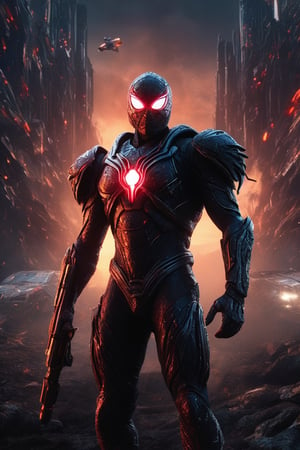 A captivating and powerful movie poster of a dark-armored hero, reminiscent of a futuristic ypung Spider-Man, standing against a dramatic, cloudy, and fiery sky. The gorgeous powerful hero, with glowing eyes and a chest emblem, wears a sleek, advanced neon armor adorned with sharp, angular designs that highlight the sci-fi aesthetic. Wielding a vibrant red lightsaber, the unique hero seamlessly blends science fiction and fantasy in this intense and action-packed scene. The background showcases a dystopian world with war machinery, including a car and plane, engulfed in flames. Hans Darias AI has masterfully crafted this visually striking masterpiece, encapsulating the essence of heroism and power in a chaotic, post-apocalyptic landscape.,Movie Still,LegendDarkFantasy,ruanyi0141,Expressiveh,neon,concept art,cinematic style,FilmGirl,monster
