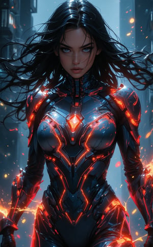 A full shot of a striking female character from a cyberpunk video game setting, radiating futuristic and edgy vibes. Sharp focus on her face with confident expression. The gorgeous strong warrior wears a radiant form-fitting outfit with glowing outer lines, gleam silver metal armor details adorned on the suit. Her left arm is extended, and she is leaping and moving swiftly. The fierce Sephardic female is casting powerful energetic auras, her raven-black hair flowing back like a wild mane in the wind. Her intense, piercing gaze locks onto the viewer, embodying an aura of strength and determined resolve.captivating hyper-maximalist portrait of a mysterious female sniper, enveloped in the shadows of a dark, futuristic cityscape. The enigmatic woman, with her piercing gaze and hint of fear, dons an otherworldly outfit that masterfully fuses human elements with iridescent female armor and bioluminescent features. Vibrant colors of red, blue, accents of yellow, and orange create a dazzling spectacle, further amplified by metallic accents and neon illumination. 