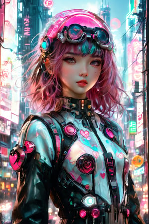 ((masterpiece)), ((best quality)), (((photo Realistic))), (portrait photo), (8k, RAW photo, best quality, masterpiece:1.2), (realistic, photo-realistic:1.3),A captivating cyberpunk-inspired manga illustration targeted at girls, featuring a cute, pink-haired protagonist. She is dressed in a trendy, futuristic outfit with a rose-tinted helmet and adorned with neon heart-shaped accessories. The protagonist holds a milkshake, with its vibrant colors and toppings reflecting the neon theme. The background is a bustling cityscape with towering buildings, holographic advertisements, and a futuristic pink neon sign.