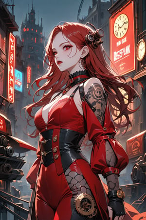 A stunning cinematic illustration of a steampunk vampire girl, with a blend of dieselpunk, cyberpunk, biopunk, and clockpunk elements. She is dressed in an intricate fusion of metal gears, clockwork mechanisms, and dark, gothic fashion. The vampire girl has long, flowing red hair and a captivating, mysterious expression. Her vampiric features are accentuated with dark makeup and an elegant, blood-red outfit. The background showcases a dystopian cityscape, reflecting the various punk genres with a mix of Victorian-era architecture, neon lights, and bio-mechanical structures. The artwork exudes a sense of style, drama, and dark romance., painting, cinematic, fashion, illustration, poster, anime