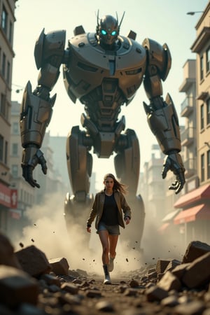 Bottom low angle view, distorted perspective. A post-apocalyptic image, sharp focus on a young woman heroine with determined face running away from the silhouette of a giant robot with glowing eyes and massive hand reaching down to the woman. She is fast running in the very front while the robot's right hand smashed the ground on her left side. Dramatic dystopian city, debris, dust, fog, depth of field, motion blur, cinematic composition, lens-flares. Cinema 4D movie,Fantasy detailers 