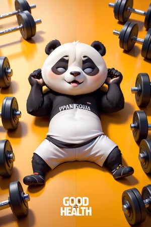 A 3D render of a cartoon style chibi panda exhausted lying down on a orange yellow background with the text "Good for your health"  in bold white Hindi text. The panda is inside a gym, surrounded two dumbbells and a metal bench. The panda is tired and relaxed, emphasizing an exhausted expression. The playful, humorous tone is reinforced by the large text font and the sleepy panda.,3D Render Style