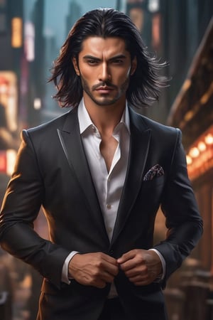 ((masterpiece)), ((best quality)), (((photo Realistic))), (portrait photo), (8k, RAW photo, best quality, masterpiece:1.2), (realistic, photo-realistic:1.3). A striking 8k portrait of a gorgeous handsome man in a black suit, showcasing his toned body and long, dark hair. He has dark, intense eyes and is clean-shaven, with no beard. The man wields a long gleaming katana at dynamic jumping action pose and is adorned in intricate, maximalist attire. The background is a blend of dark and light tones, with a nod to anime-inspired elements. This stunning artwork is trending on ArtStation and is a masterpiece by the talented artist, Artgerm.