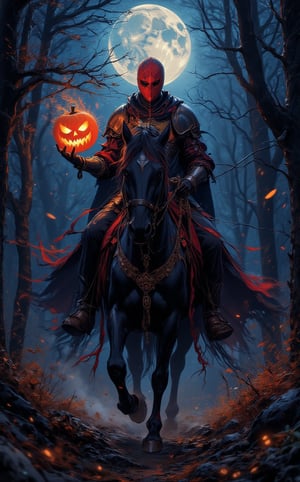 A mesmerizing neon spray paint portrait capturing a goth cyberpunk knight. On a Halloween night, the headless knight in fiery gloden-red armor on a black horse, holding a glowing pumpkin in his right hand, is riding swiftly through the woods. On a moonlit night, The image is photorealistic, detailed, and in a fantasy style. 