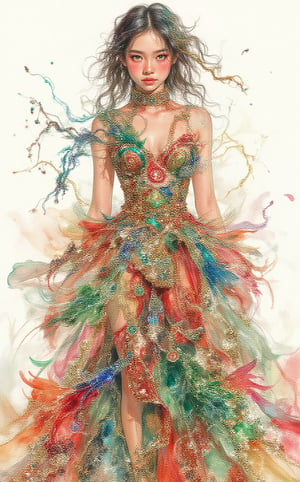 A striking watercolor painting of a young woman wearing an avant-garde dress inspired by Dayak beaded textile motifs from Borneo. The stunning shiny outfit features a modern silhouette that blends and combines traditional elements with contemporary fashion, showcasing bold geometric patterns and vibrant colors drawn from the rich Dayak textile heritage. The outfit consists of a flowing, asymmetrical dress that cascades elegantly, adorned with intricate beadwork and embroidery that reflect the natural motifs of the Dayak culture, such as spirals, birds, and plants. The bodice of the dress is structured and form-fitting, made of a shimmering fabric that captures light and enhances the vibrant colors of the beads. Layers of translucent materials create depth and movement, with cascading details that mimic the flowing patterns found in traditional Dayak textiles. The color palette is rich and diverse, featuring deep reds, lush greens, and electric blues, interspersed with glimmers of metallic gold and silver.