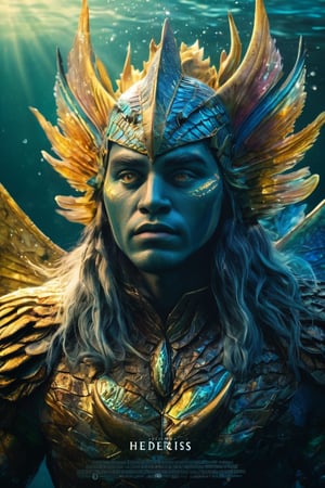 hyperrealistic, a masterpiece movie poster. Beneath the surface of a crystal-clear lake, Nereus, a regal merman warlord, commands his aquatic legions with grace and ferocity. The refracted, shimmering light of the sun dances across his iridescent scales, revealing the intricate patterns and subtle color variations that adorn his powerful form.