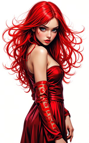 A striking stencil art portrait of a young sexy woman with very long fiery glowing red hair swirling in the wind. She is in a distinctive metallic red dress, featuring a circle pattern and bold stripes. Her intense gaze is directed to the right, lightly downwards, as if contemplating a secret. The stark white background highlights the intricate details of the stencil work, showcasing the artist's skill and precisionm