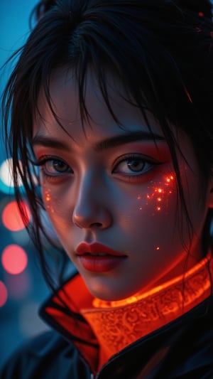 Pretty model with neon-colored eye, focusing on intense black eyeshadow, glowing orange collar of a high-tech jacket visible, cyberpunk-inspired hairstyle with subtle colored highlights, background showing blurred city lights at night, piercing gaze directly at the camera, small red digital elements floating near the face, photorealistic, 4K, rich detailing. Perfect face, simetrical face, simetrical eyes, ultra detailed, sharp focus, 8k, high definition, insanely detailed, 