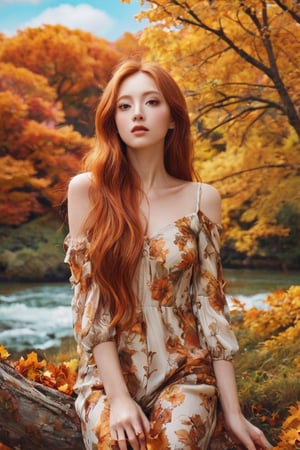 A stunning close-up picture that captures the essence of love and beauty. A captivating and vibrant conceptual art piece, featuring a young adorable woman with very long cascading red hair, seamlessly merging into a picturesque autumn landscape. She stands gracefully amidst a sea of golden leaves, her hair intertwined with branches and foliage. Behind her, a majestic castle stands proudly against an intense orange sky, as if it's on fire. The overall atmosphere of the illustration is cinematic and surreal, evoking a sense of wonder and enchantment, cinematic, vibrant, conceptual art,dal,photo,SEXY WOMAN