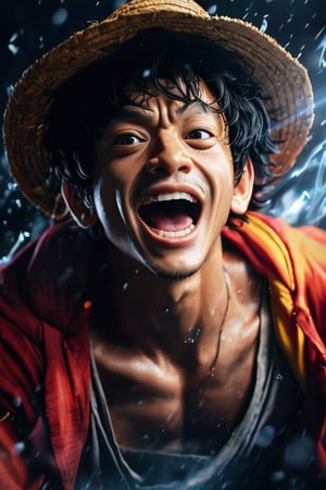 hyperrealistic, a masterpiece live-action movie poster. A breathtakingly realistic image of Monkey d. Luffy in his God Nika form, radiating an otherworldly aura. Showcase his chiseled physique, wild curly hair, and beaming smile. Utilize advanced techniques to capture subtle lighting, texture, and divine attire details. Exude an atmosphere of awe-inspiring wonder, as if Luffy is about to unleash divine energy. Bring this extraordinary visual to life with 3D rendering and meticulous attention to detail.
