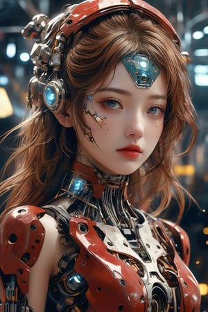 ((masterpiece)), ((best quality)), (((photo Realistic))), (portrait photo), (8k, RAW photo, best quality, masterpiece:1.2), (realistic, photo-realistic:1.3). subject completely depicted in a realistic fashional image. Photo of a broken ruined cyborg girl in a landfill, robot, body is broken with scares and holes, half the face is android, creating a hyperpunk scene with desaturated dark red and blue details, art by Otomo Katsuhiro