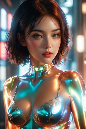 ((masterpiece)), ((best quality)), (((photo Realistic))), (portrait photo), (8k, RAW photo, best quality, masterpiece:1.2), (realistic, photo-realistic:1.3), ultra-detailed. A sexy woman is standing in front of gleaming light, wearing glossy transparent plastic futuristic clothes with eco friendly design, hollow heart shpae cut made with a few material, sharp focus, complex, highly detailed, short hair, cinematic, neon lights, candid, true colors, creative, innocent, perfect, beautiful, elegant, intricate, confident, dynamic, volumetric lighting, cinematic angle, glamour lighting vibrant,